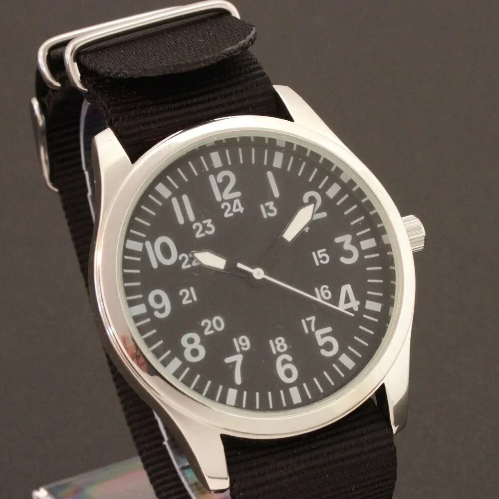 Men's Quartz Field Watch Silver Tone Case Black Military Strap 42mm
